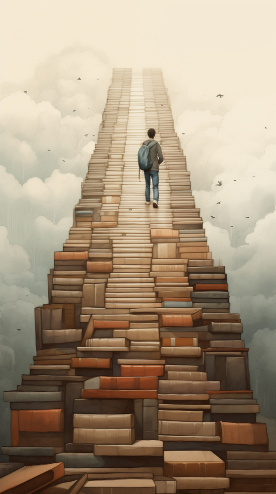 човек, вървящ по стълба от книги
